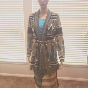 I Love H81 Aztec print knitted open front cardigan tie waist fringe hem